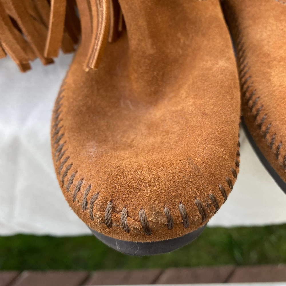 Minnetonka 3 Layer Fringe Suede Brown Pull On Boo… - image 3